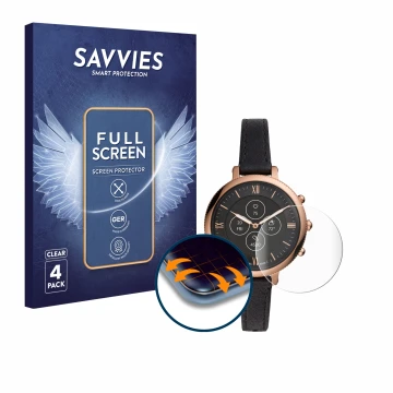 Vorderseite einer Produktverpackung mit dem Markenlogo Savvies. Daneben ist das Gerät Fossil Monroe Hybrid HR mit dem zugehöri