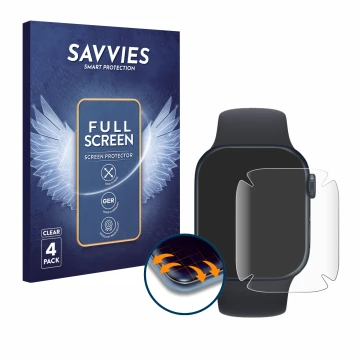 Vorderseite einer Produktverpackung mit dem Markenlogo Savvies. Daneben ist das Gerät Apple Watch Series 7 (41 mm) mit dem zug