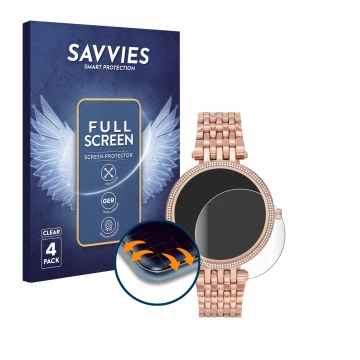 Vorderseite einer Produktverpackung mit dem Markenlogo Savvies. Daneben ist das Gerät Michael Kors Access Darci Gen 5E mit dem