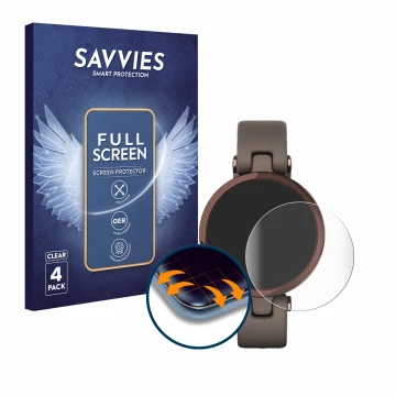 Vorderseite einer Produktverpackung mit dem Markenlogo Savvies. Daneben ist das Gerät Garmin Lily mit dem zugehörigen Displays