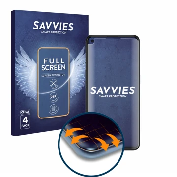 Vorderseite einer Produktverpackung mit dem Markenlogo Savvies. Daneben ist das Gerät Oppo Find X3 Lite mit dem zugehörigen Di