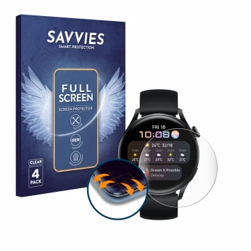 Vorderseite einer Produktverpackung mit dem Markenlogo Savvies. Daneben ist das Gerät Huawei Watch 3 mit dem zugehörigen Displ