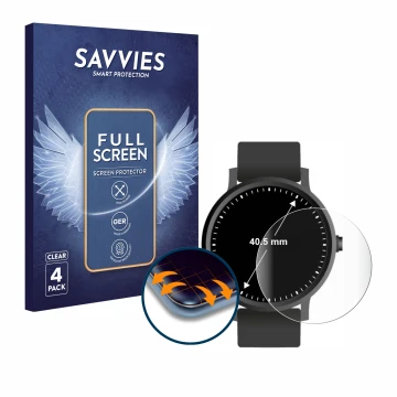 Vorderseite einer Produktverpackung mit dem Markenlogo Savvies. Daneben ist das Gerät Armbanduhren (Kreisrund, ø: 40.5 mm) mit