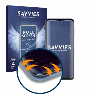 Vorderseite einer Produktverpackung mit dem Markenlogo Savvies. Daneben ist das Gerät Samsung Galaxy A32 mit dem zugehörigen D