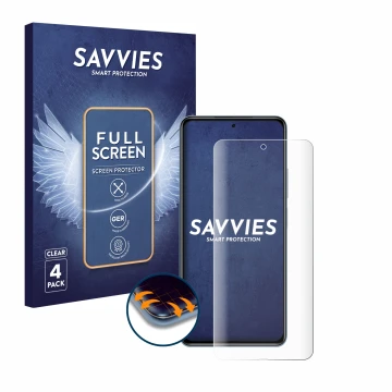 Vorderseite einer Produktverpackung mit dem Markenlogo Savvies. Daneben ist das Gerät Xiaomi Poco F3 mit dem zugehörigen Displ