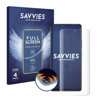 Vorderseite einer Produktverpackung mit dem Markenlogo Savvies. Daneben ist das Gerät Xiaomi Redmi Note 10S mit dem zugehörige