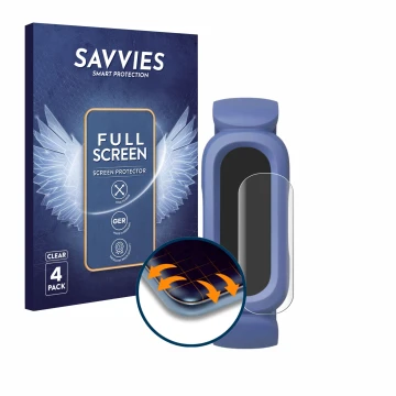 Vorderseite einer Produktverpackung mit dem Markenlogo Savvies. Daneben ist das Gerät Fitbit Ace 3 mit dem zugehörigen Display