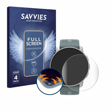 Vorderseite einer Produktverpackung mit dem Markenlogo Savvies. Daneben ist das Gerät Suunto 9 Peak mit dem zugehörigen Displa