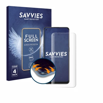 Vorderseite einer Produktverpackung mit dem Markenlogo Savvies. Daneben ist das Gerät Oppo A94 5G mit dem zugehörigen Displays