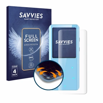 Vorderseite einer Produktverpackung mit dem Markenlogo Savvies. Daneben ist das Gerät AGPtek A19X mit dem zugehörigen Displays