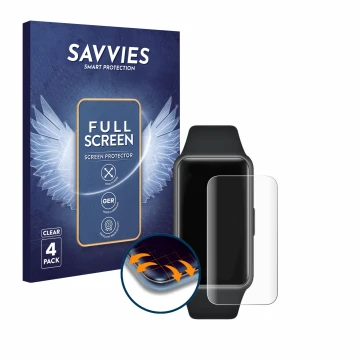 Vorderseite einer Produktverpackung mit dem Markenlogo Savvies. Daneben ist das Gerät Huawei Band 6 mit dem zugehörigen Displa