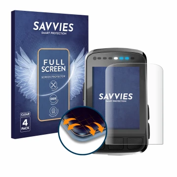 Vorderseite einer Produktverpackung mit dem Markenlogo Savvies. Daneben ist das Gerät Wahoo Elemnt Bolt V2 GPS mit dem zugehör