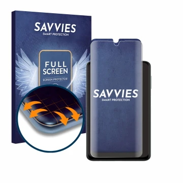 Vorderseite einer Produktverpackung mit dem Markenlogo Savvies. Daneben ist das Gerät Samsung Galaxy A22 4G mit dem zugehörige