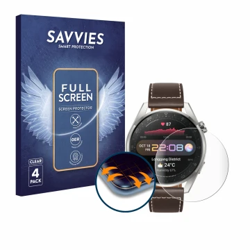 Vorderseite einer Produktverpackung mit dem Markenlogo Savvies. Daneben ist das Gerät Huawei Watch 3 Pro mit dem zugehörigen D