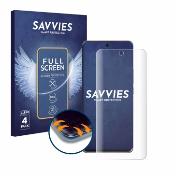 Vorderseite einer Produktverpackung mit dem Markenlogo Savvies. Daneben ist das Gerät Honor 50 mit dem zugehörigen Displayschu