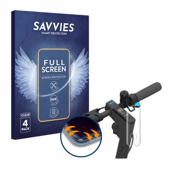 Vorderseite einer Produktverpackung mit dem Markenlogo Savvies. Daneben ist das Gerät Segway Ninebot KickScooter MAX G30D mit 