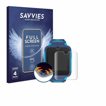 Vorderseite einer Produktverpackung mit dem Markenlogo Savvies. Daneben ist das Gerät TCL Movetime Family Watch 2 mit dem zuge
