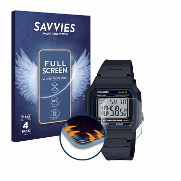 Vorderseite einer Produktverpackung mit dem Markenlogo Savvies. Daneben ist das Gerät Casio Unisex W-800H-1BVES mit dem zugehö
