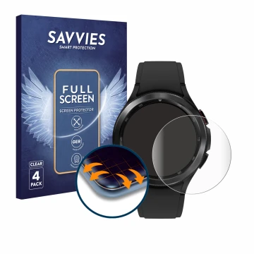 Vorderseite einer Produktverpackung mit dem Markenlogo Savvies. Daneben ist das Gerät Samsung Galaxy Watch 4 Classic (46mm) mi