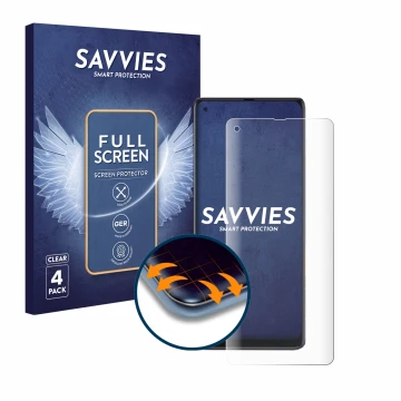 Vorderseite einer Produktverpackung mit dem Markenlogo Savvies. Daneben ist das Gerät Cubot Max 3 mit dem zugehörigen Displays