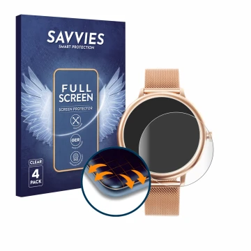 Vorderseite einer Produktverpackung mit dem Markenlogo Savvies. Daneben ist das Gerät Naixues Smartwatch CF80 1.08