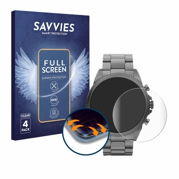 Vorderseite einer Produktverpackung mit dem Markenlogo Savvies. Daneben ist das Gerät Fossil Gen 6 (44mm) mit dem zugehörigen 