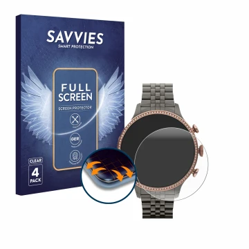 Vorderseite einer Produktverpackung mit dem Markenlogo Savvies. Daneben ist das Gerät Fossil Gen 6 (42mm) mit dem zugehörigen 