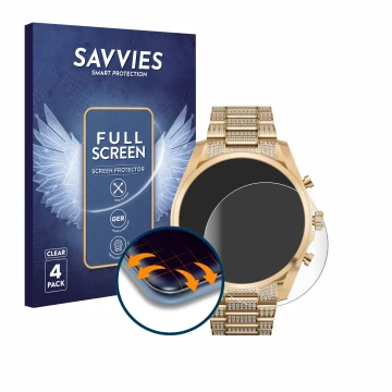 Vorderseite einer Produktverpackung mit dem Markenlogo Savvies. Daneben ist das Gerät Michael Kors Access Gen 6 Bradshaw mit d