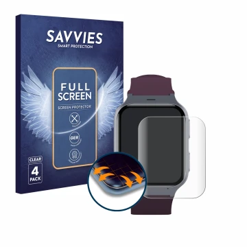 Vorderseite einer Produktverpackung mit dem Markenlogo Savvies. Daneben ist das Gerät TCL Safety Watch MT43AX mit dem zugehöri