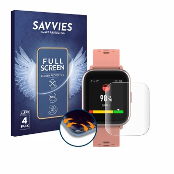 Vorderseite einer Produktverpackung mit dem Markenlogo Savvies. Daneben ist das Gerät Denver SW-164 mit dem zugehörigen Displa