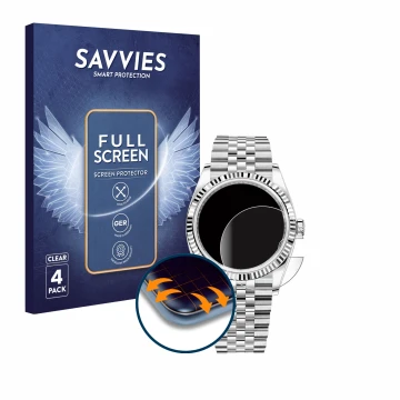 Vorderseite einer Produktverpackung mit dem Markenlogo Savvies. Daneben ist das Gerät Rolex Datejust 36 mit dem zugehörigen Di