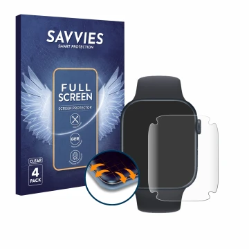 Vorderseite einer Produktverpackung mit dem Markenlogo Savvies. Daneben ist das Gerät Apple Watch Series 7 (45 mm) mit dem zug