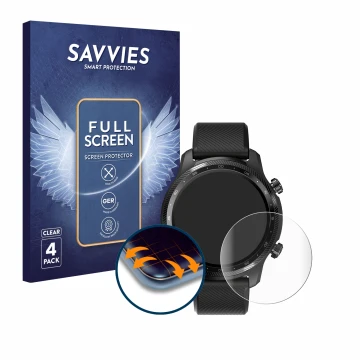 Vorderseite einer Produktverpackung mit dem Markenlogo Savvies. Daneben ist das Gerät Mobvoi Ticwatch Pro 3 Ultra GPS mit dem 