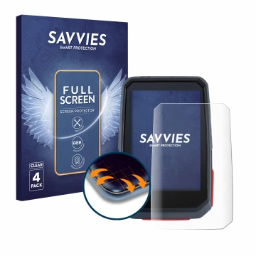 Vorderseite einer Produktverpackung mit dem Markenlogo Savvies. Daneben ist das Gerät Sigma ROX 4.0 mit dem zugehörigen Displa