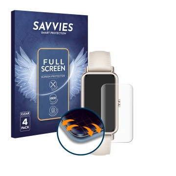 Vorderseite einer Produktverpackung mit dem Markenlogo Savvies. Daneben ist das Gerät Huawei Watch Fit mini mit dem zugehörige