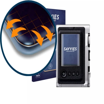 Vorderseite einer Produktverpackung mit dem Markenlogo Savvies. Daneben ist das Gerät Fujifilm Instax Mini Evo mit dem zugehör