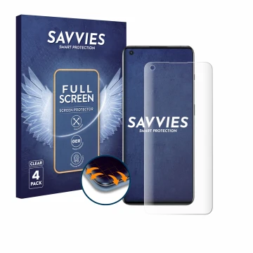 Vorderseite einer Produktverpackung mit dem Markenlogo Savvies. Daneben ist das Gerät OnePlus 10 Pro 5G mit dem zugehörigen Di