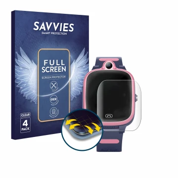 Vorderseite einer Produktverpackung mit dem Markenlogo Savvies. Daneben ist das Gerät Fitonme 4G Smartwatch S.B-1034 mit dem z
