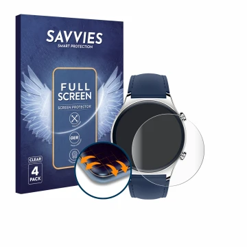 Vorderseite einer Produktverpackung mit dem Markenlogo Savvies. Daneben ist das Gerät Honor Watch GS 3 mit dem zugehörigen Dis