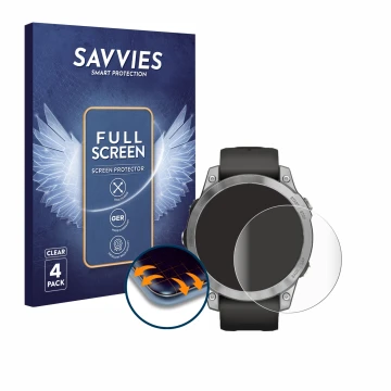 Vorderseite einer Produktverpackung mit dem Markenlogo Savvies. Daneben ist das Gerät Garmin Fenix 7 (47 mm) mit dem zugehörig