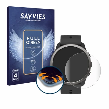 Vorderseite einer Produktverpackung mit dem Markenlogo Savvies. Daneben ist das Gerät Suunto 5 Peak mit dem zugehörigen Displa