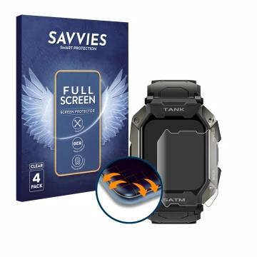 Vorderseite einer Produktverpackung mit dem Markenlogo Savvies. Daneben ist das Gerät Kospet Tank M1 mit dem zugehörigen Displ