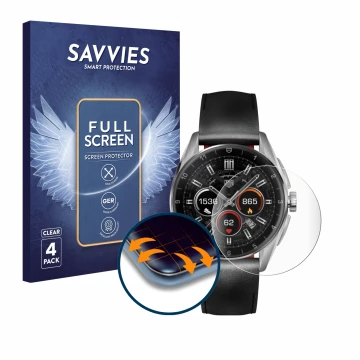 Vorderseite einer Produktverpackung mit dem Markenlogo Savvies. Daneben ist das Gerät TAG Heuer Connected Calibre E4 (42 mm) m