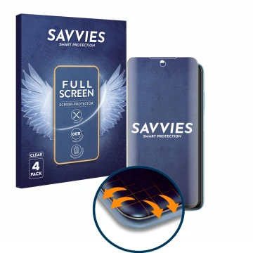 Vorderseite einer Produktverpackung mit dem Markenlogo Savvies. Daneben ist das Gerät Xiaomi Redmi 10 (2022) mit dem zugehörig