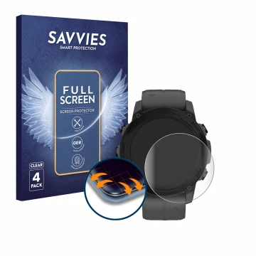 Vorderseite einer Produktverpackung mit dem Markenlogo Savvies. Daneben ist das Gerät Garmin Descent G1 mit dem zugehörigen Di