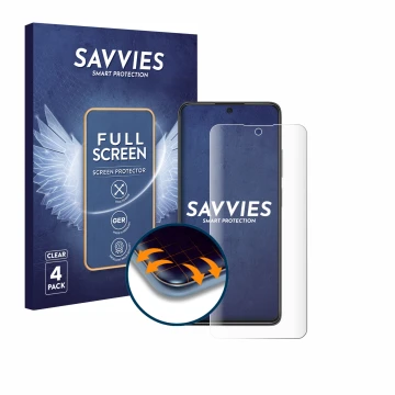 Vorderseite einer Produktverpackung mit dem Markenlogo Savvies. Daneben ist das Gerät Xiaomi Poco X4 Pro 5G mit dem zugehörige