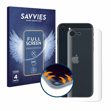 Vorderseite einer Produktverpackung mit dem Markenlogo Savvies. Daneben ist das Gerät Apple iPhone SE 3 2022 (Rückseite) mit d