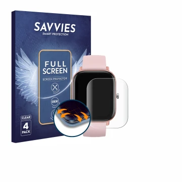 Vorderseite einer Produktverpackung mit dem Markenlogo Savvies. Daneben ist das Gerät DCU Tecnologic Smartwatch Curved Glass m