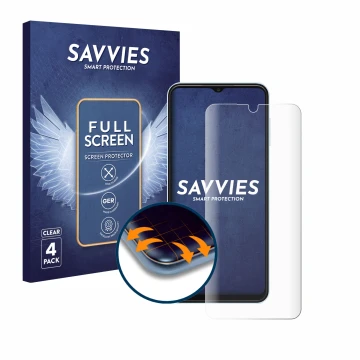 Vorderseite einer Produktverpackung mit dem Markenlogo Savvies. Daneben ist das Gerät Samsung Galaxy A13 mit dem zugehörigen D