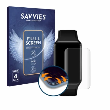 Vorderseite einer Produktverpackung mit dem Markenlogo Savvies. Daneben ist das Gerät Oppo Watch Free mit dem zugehörigen Disp